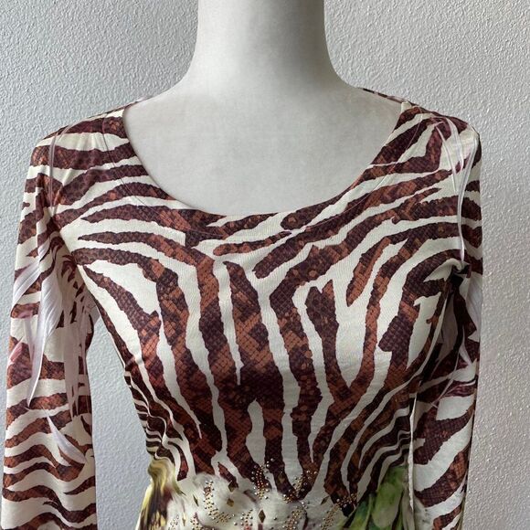 Cache White Brown Animal Stripe Floral Beaded Ruched Y2K Jersey SZ S - Picture 3 of 14